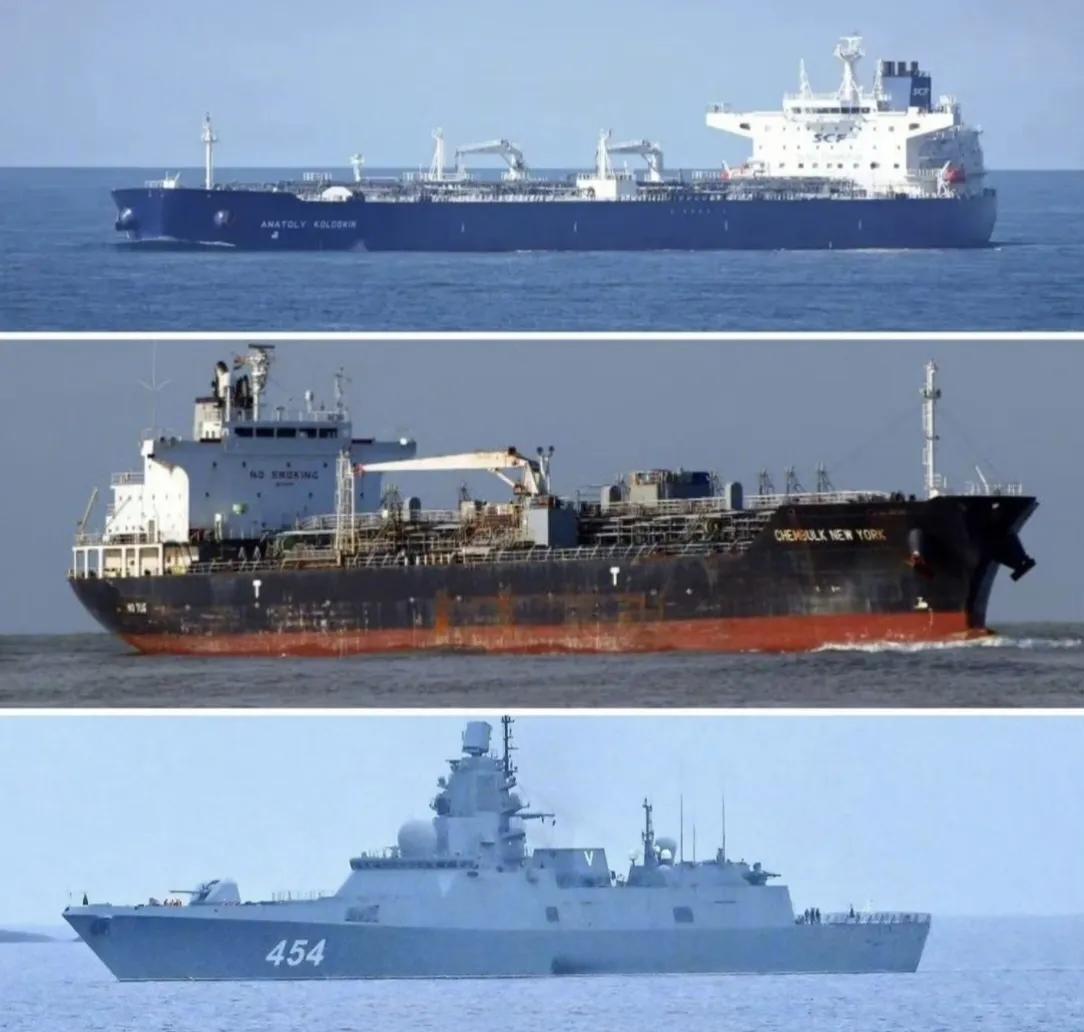 俄罗斯海军轻型护卫舰“索奥布拉齐捷利内”号护送 “阿纳托利·科洛德金”号油轮（载