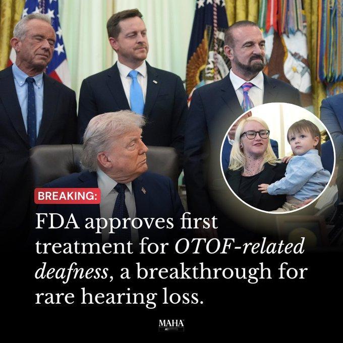 特朗普总统刚刚宣布，FDA 已批准一种治疗方法，该方法能治愈一种导致耳聋的疾病。