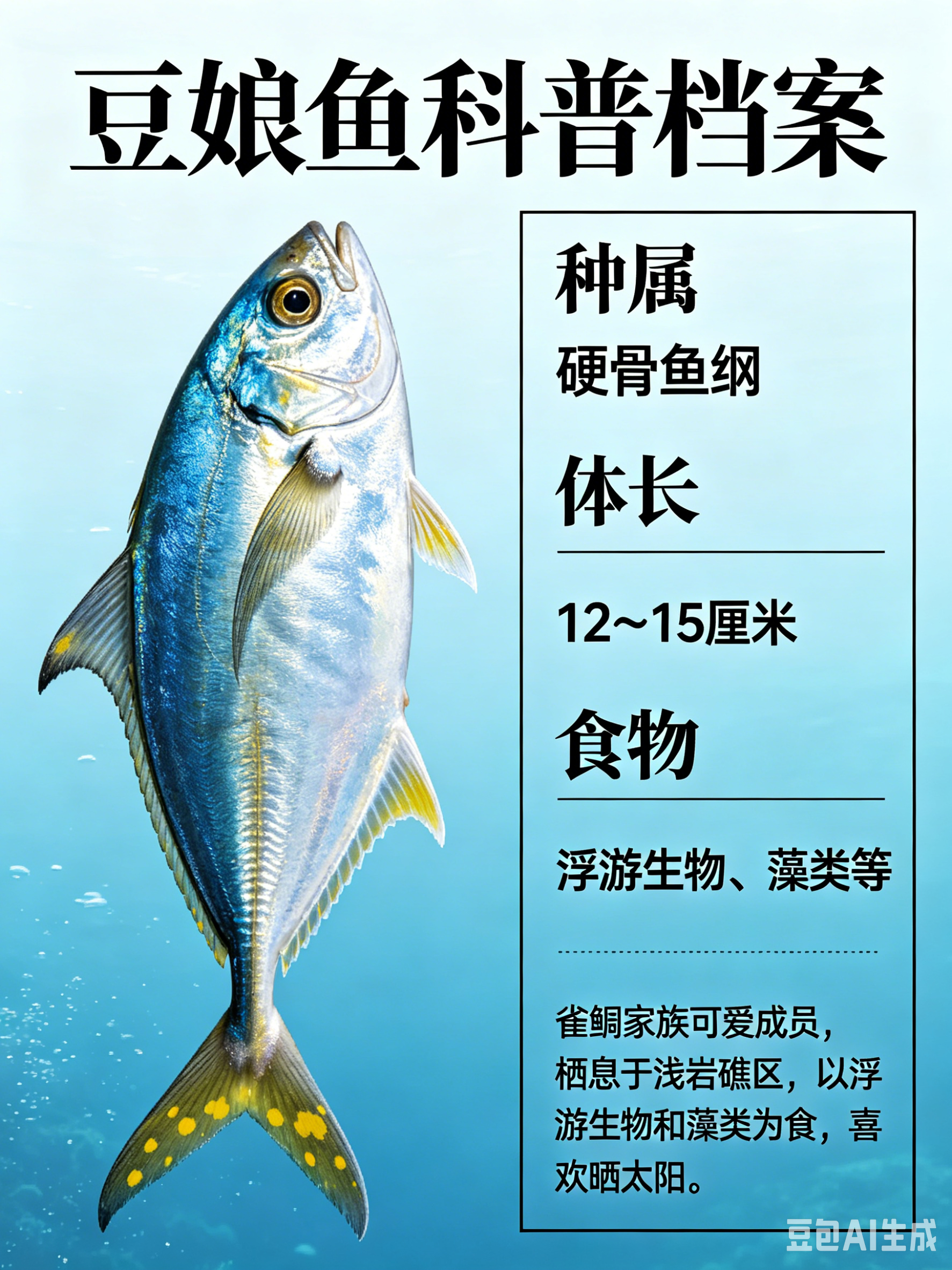 海洋朋友圈 豆娘鱼海洋档案种　属：硬骨鱼纲体　长：12～15厘米食　物：浮游生物