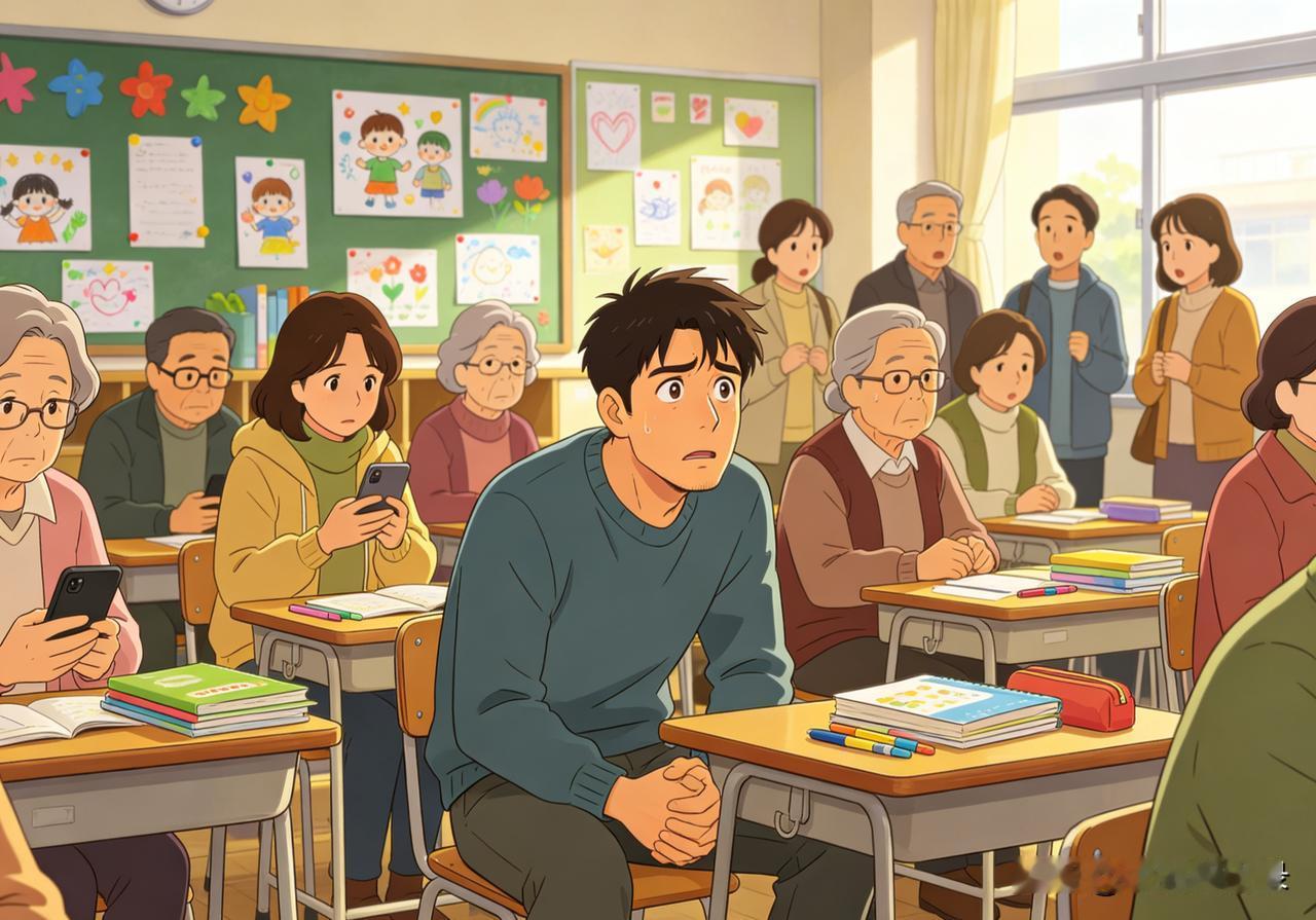 开家长会发现：同龄爸爸就我一个？
 
今天下大雨冒雨去开二年级儿子的家长会，一进