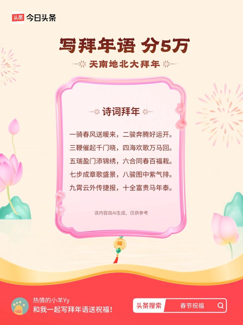 写拜年语送祝福新春拜年送祝福！我的祝福是：“一骑春风送暖来，二骏奔腾好运开。三鞭