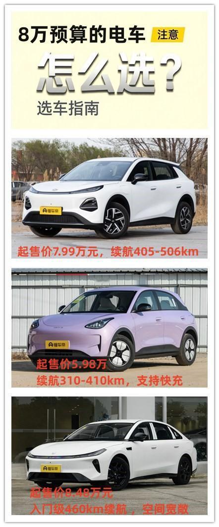 8万元的预算如何选择一辆高性价比的电动汽车？有三款车型供用户选择。
第1款吉利星