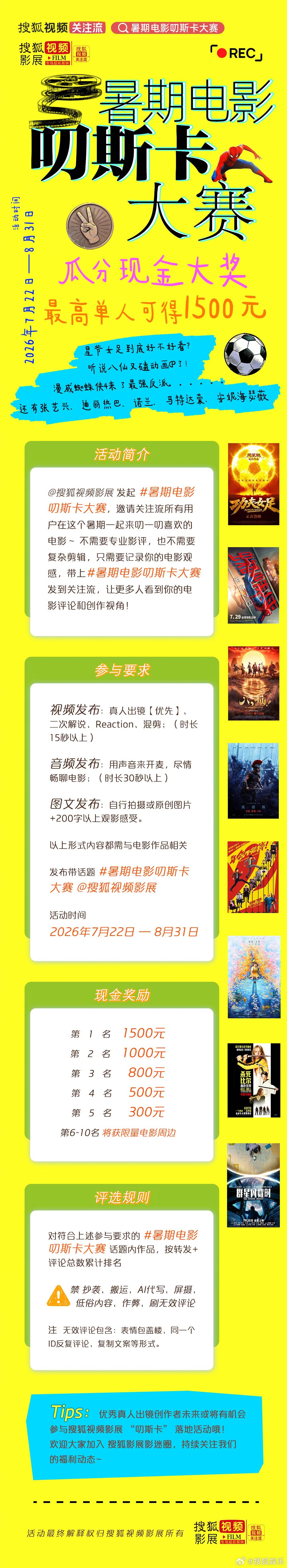 搜狐视频影展 x暑期电影叨斯卡大赛来啦💰瓜分现金大奖 单人最高可得1500元功