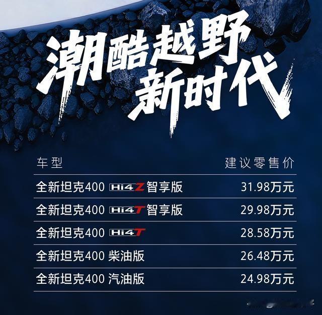 2025年11月6日，新款坦克400正式上市，共推出5款配置，售价区间为24.9