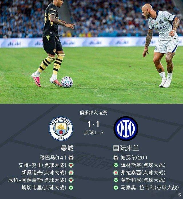 北京时间8月1日俱乐部友谊赛，曼城对阵国际米兰。上半场，塞门约助攻，穆巴马破门。