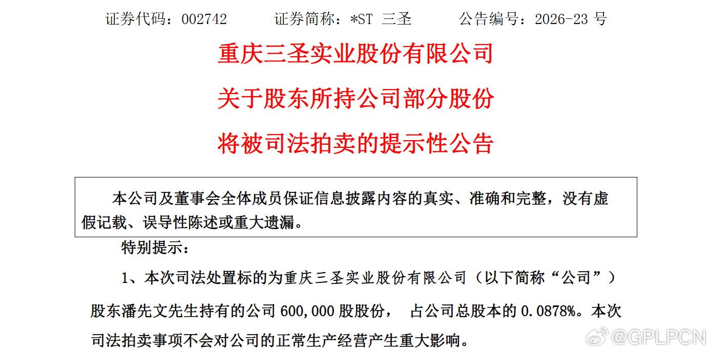 热点财经 【*ST三圣：股东潘先文所持60万股公司股份将被司法拍卖】*ST三圣公