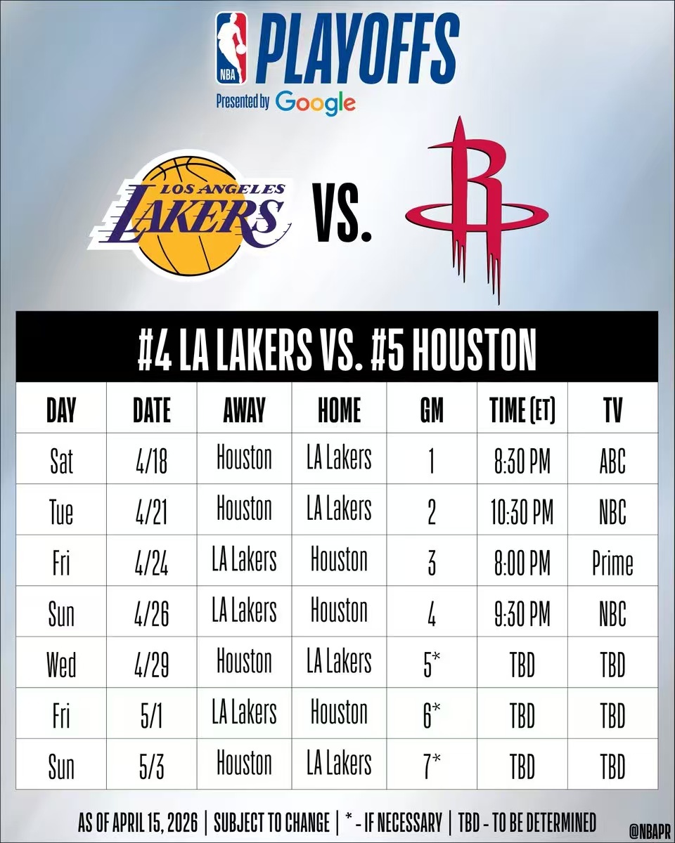 湖人与火箭系列赛完整赛程：G1：4月19日 8:30 湖人主场G2：4月22日 