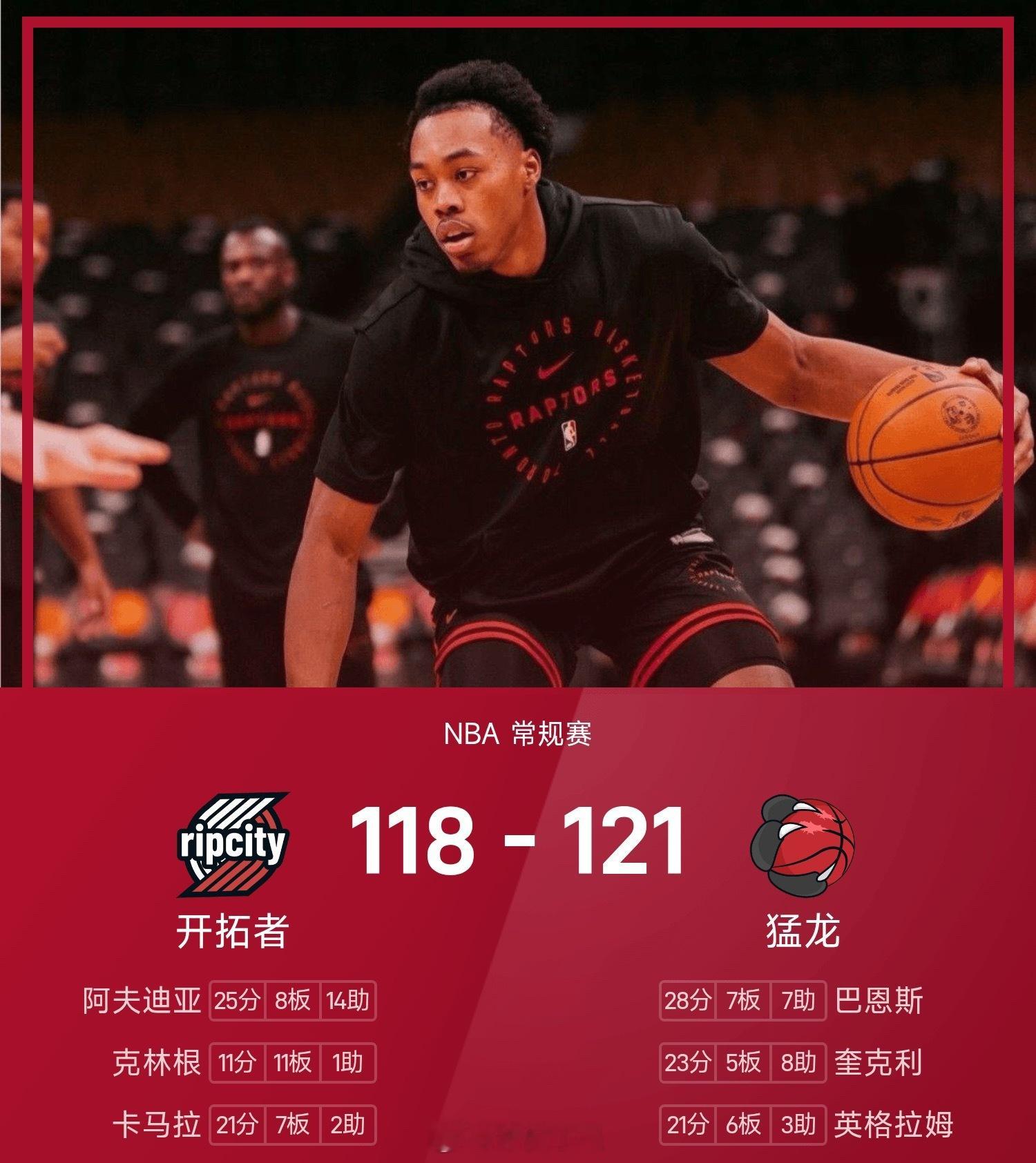 25/26赛季NBA 常规赛，猛龙对阵开拓者。双方全场战罢，猛龙121-118战