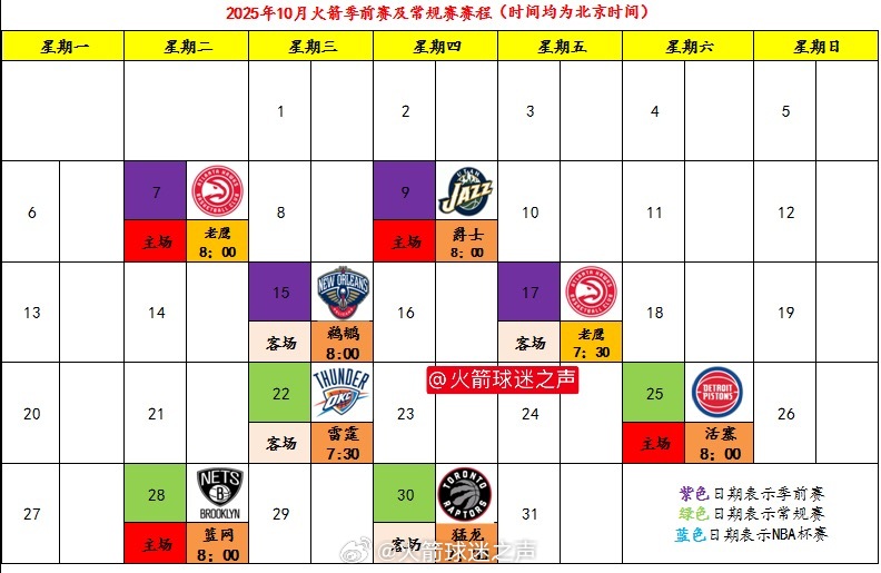 休斯顿火箭25-26赛季季前赛、NBA杯及常规赛日历版中文赛程，原创不易，如有使