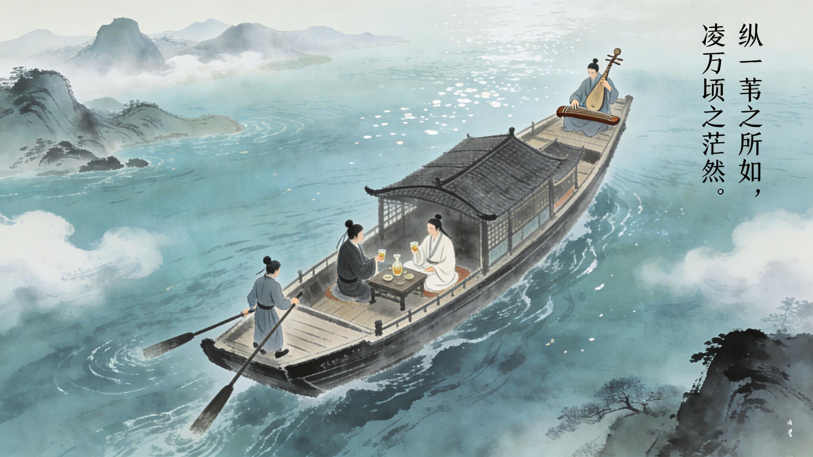 纵一苇之所如，凌万顷之茫然。浩浩乎如冯虚御风，而不知其所止；飘飘乎如遗世独立，羽