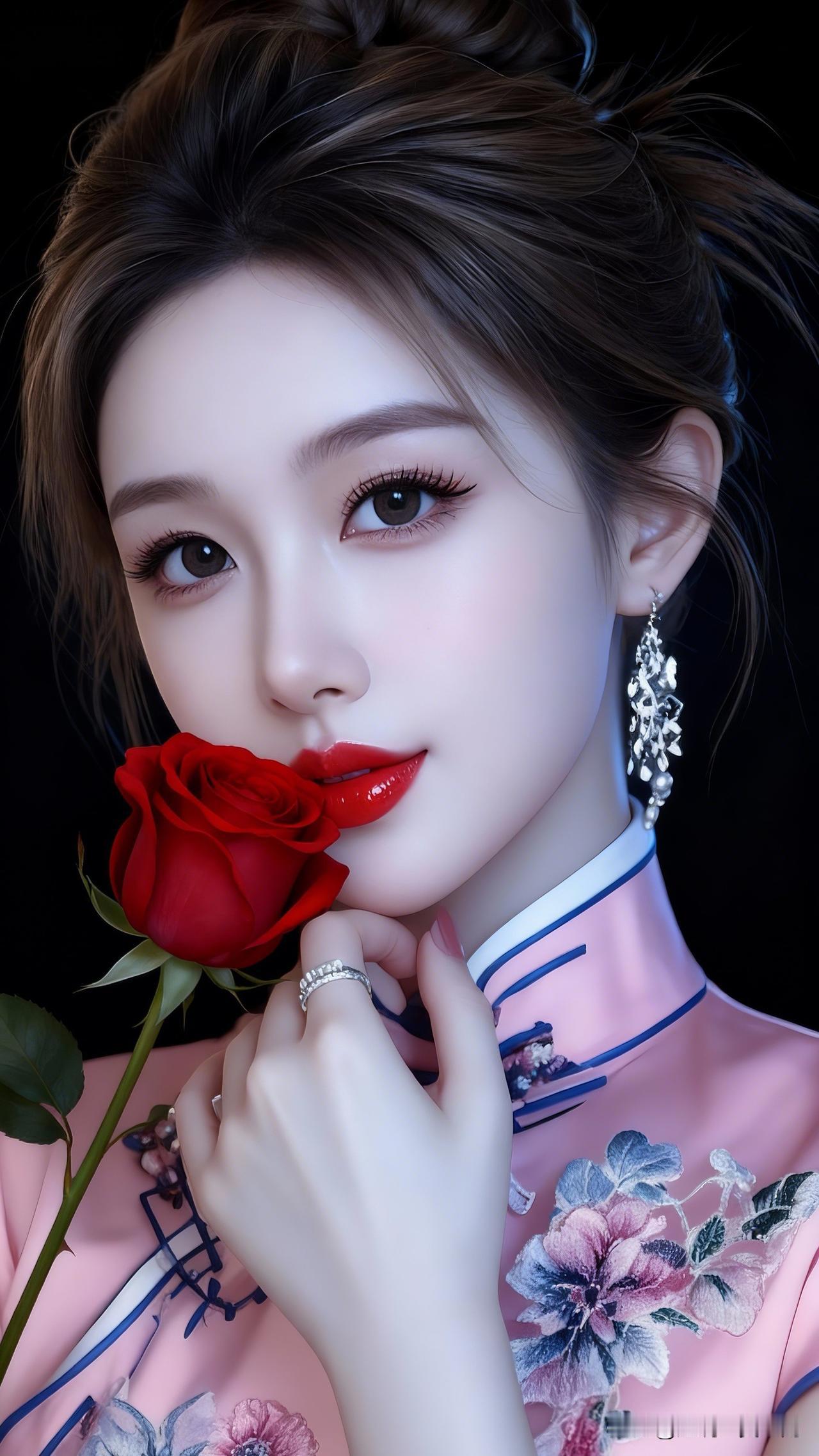 红玫瑰与东方美女的完美结合，尽显优雅与魅力！🌹💄👗旗袍究竟有什么魅力