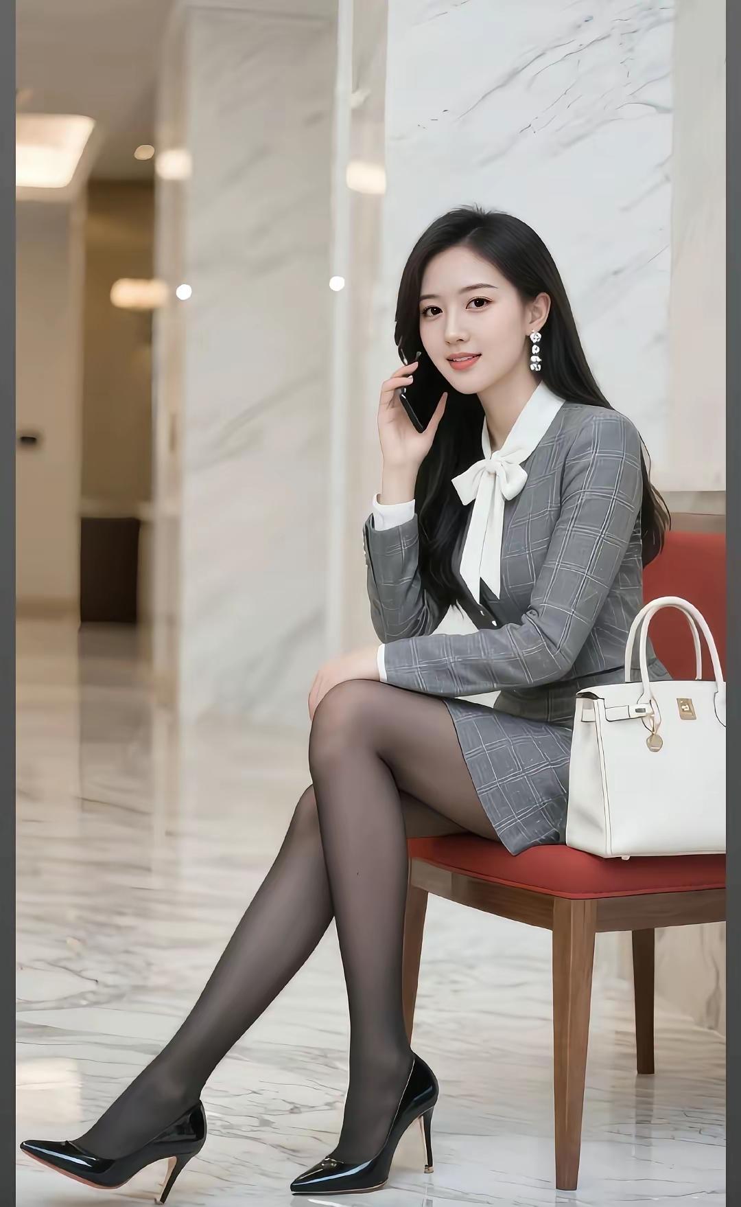 优雅白领风，黑白格纹裙搭配黑色高跟鞋，完美职场造型！