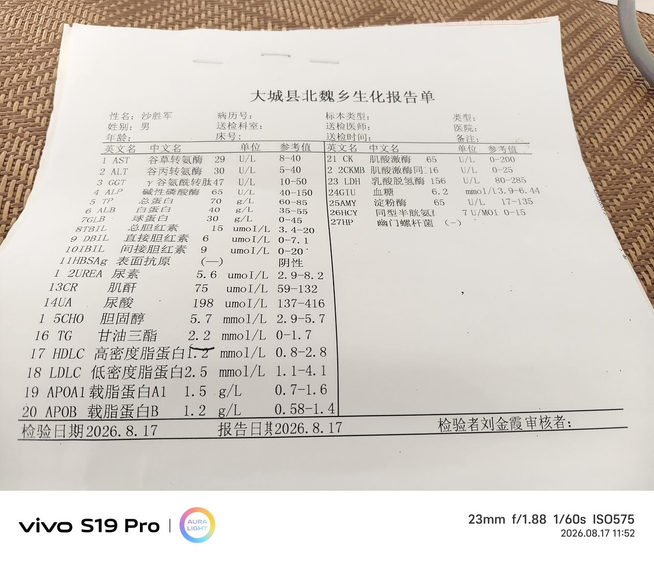 今天上午去了北魏卫生室做了体检，检测结果还算是理想，就是甘油三酯高一点点，还有医