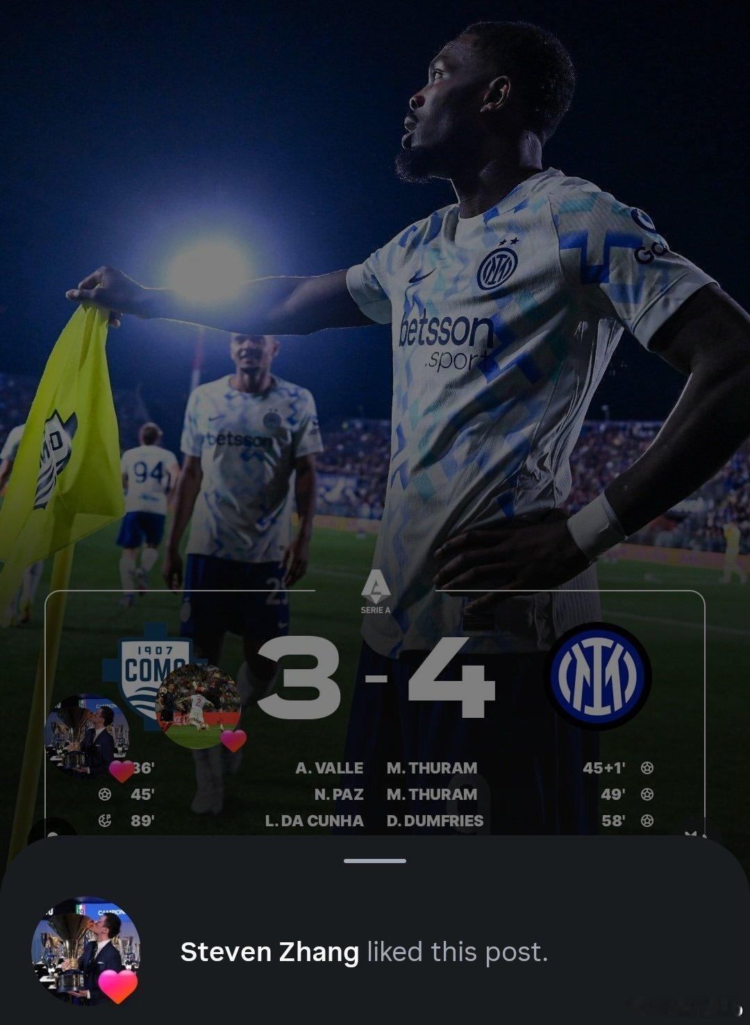 张康阳点赞了国米战胜科莫的社交媒体意甲热点现场 依然关注着热爱着国际米兰🖤💙