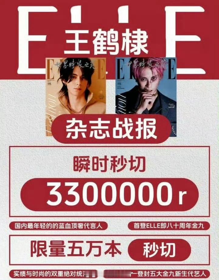 来看下王鹤棣的杂志战报，画报boy王鹤棣，限量5万本秒切，正主和粉丝实力都在线，