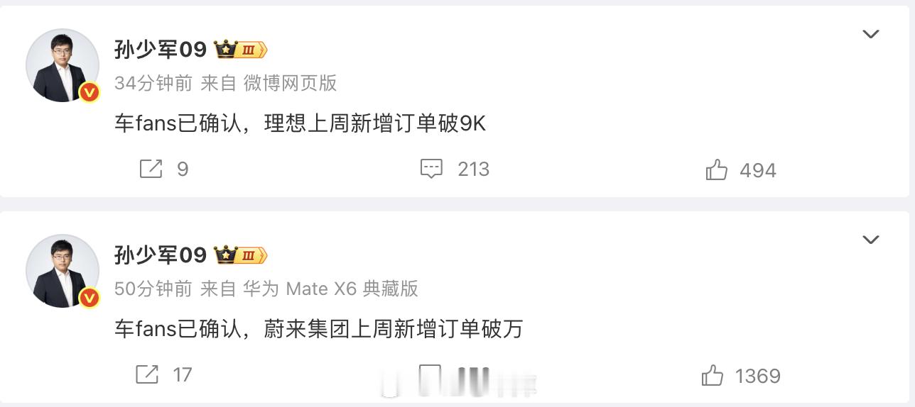 蔚来上周破万了，跟 L90 的大卖强相关，理想破 9k，零跑 12k 左右，格局