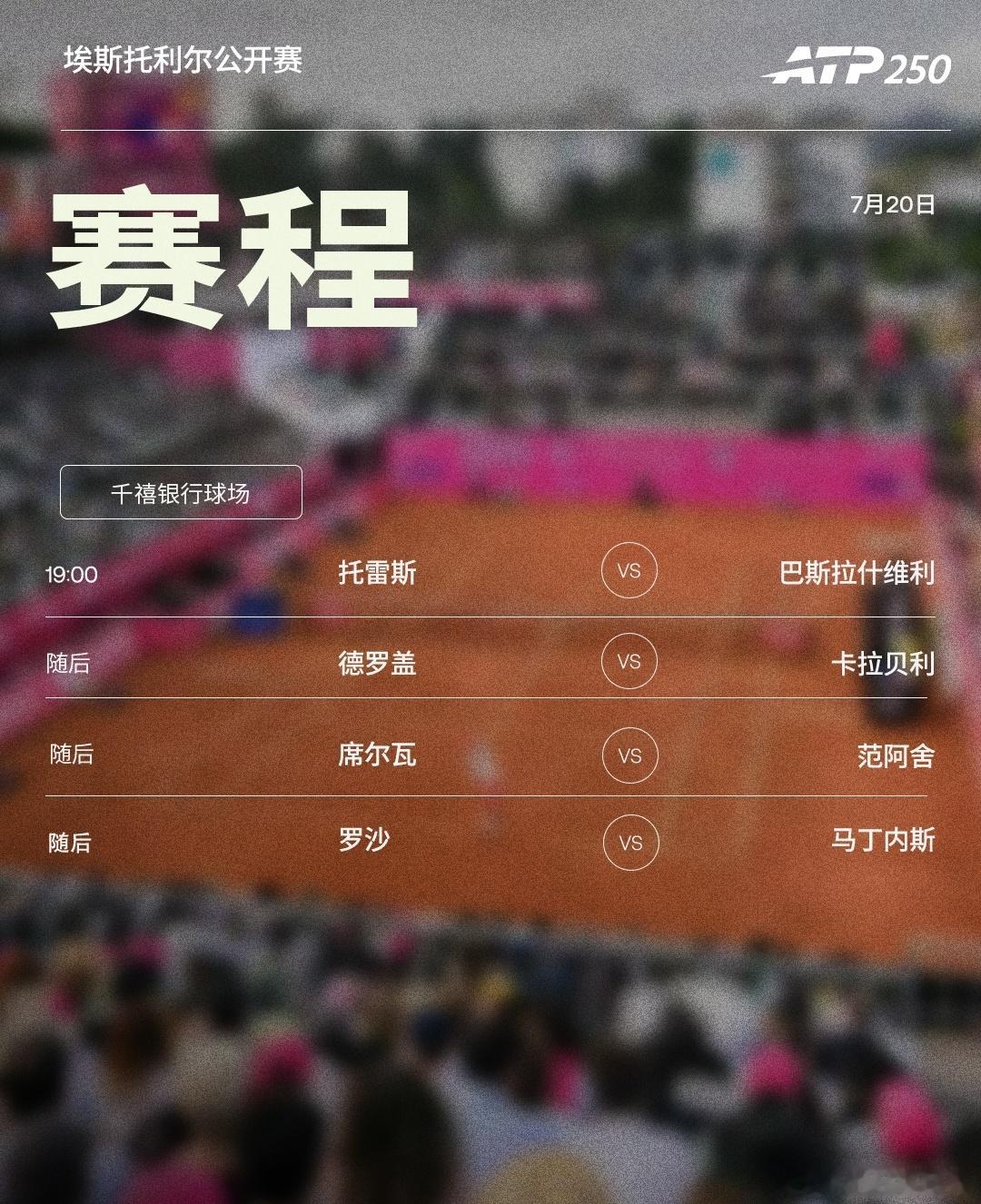 两站ATP250 红土赛事周一赛程如下，均为北京时间📅📍埃斯托利尔🎾卡拉贝