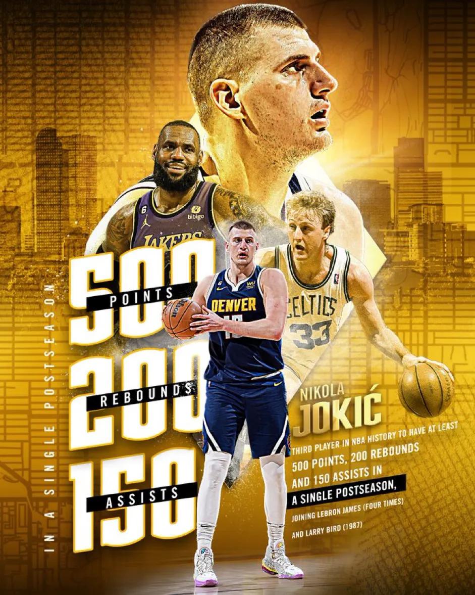 历史第一！恭喜约基奇成NBA历史上第一位在季后赛单赛季得到500分+100助攻的