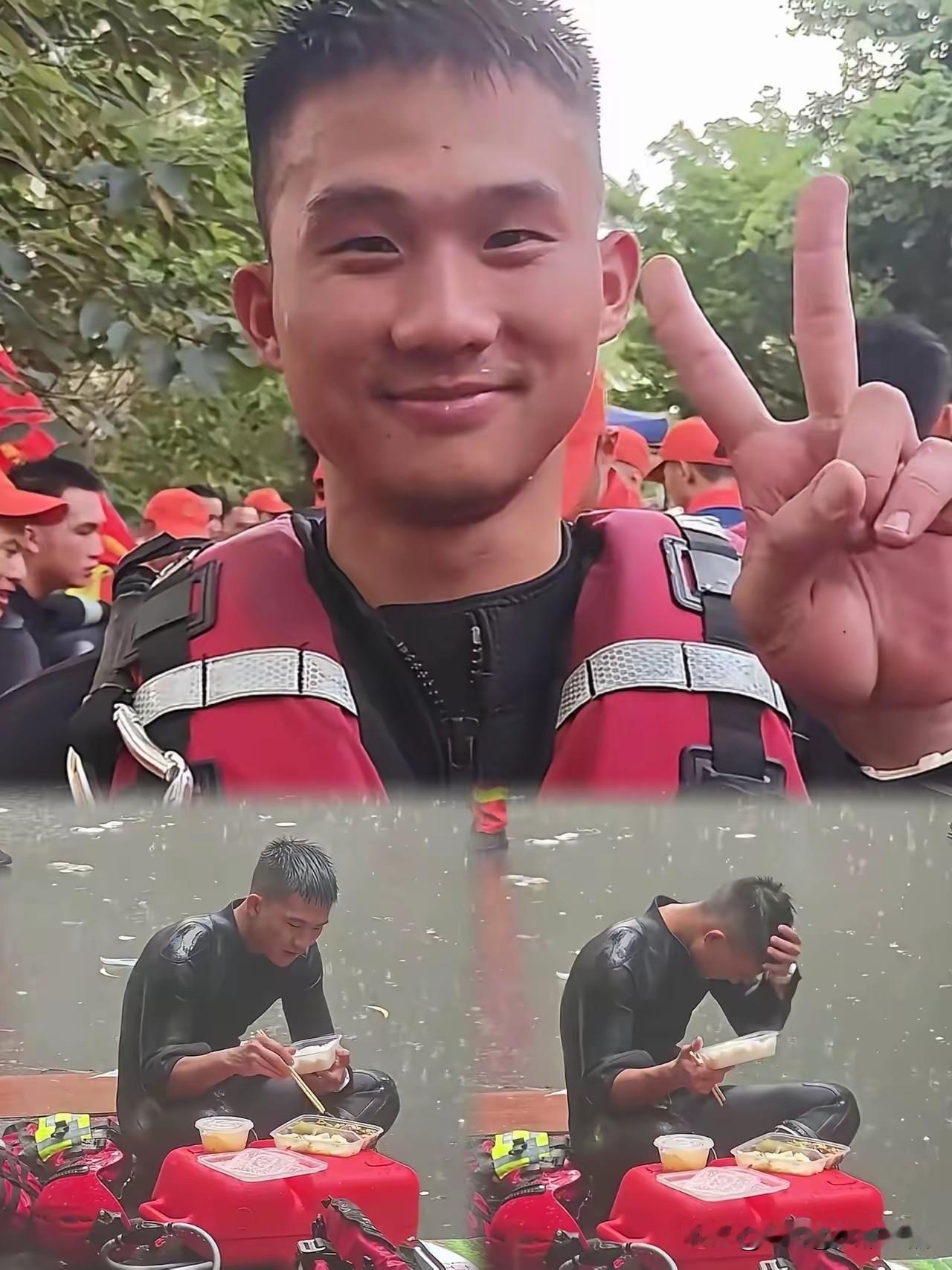 这张照片不是摆拍是偷拍，26岁消防队员梁焕火出圈。
梁焕救援途中坐在水里，就着雨