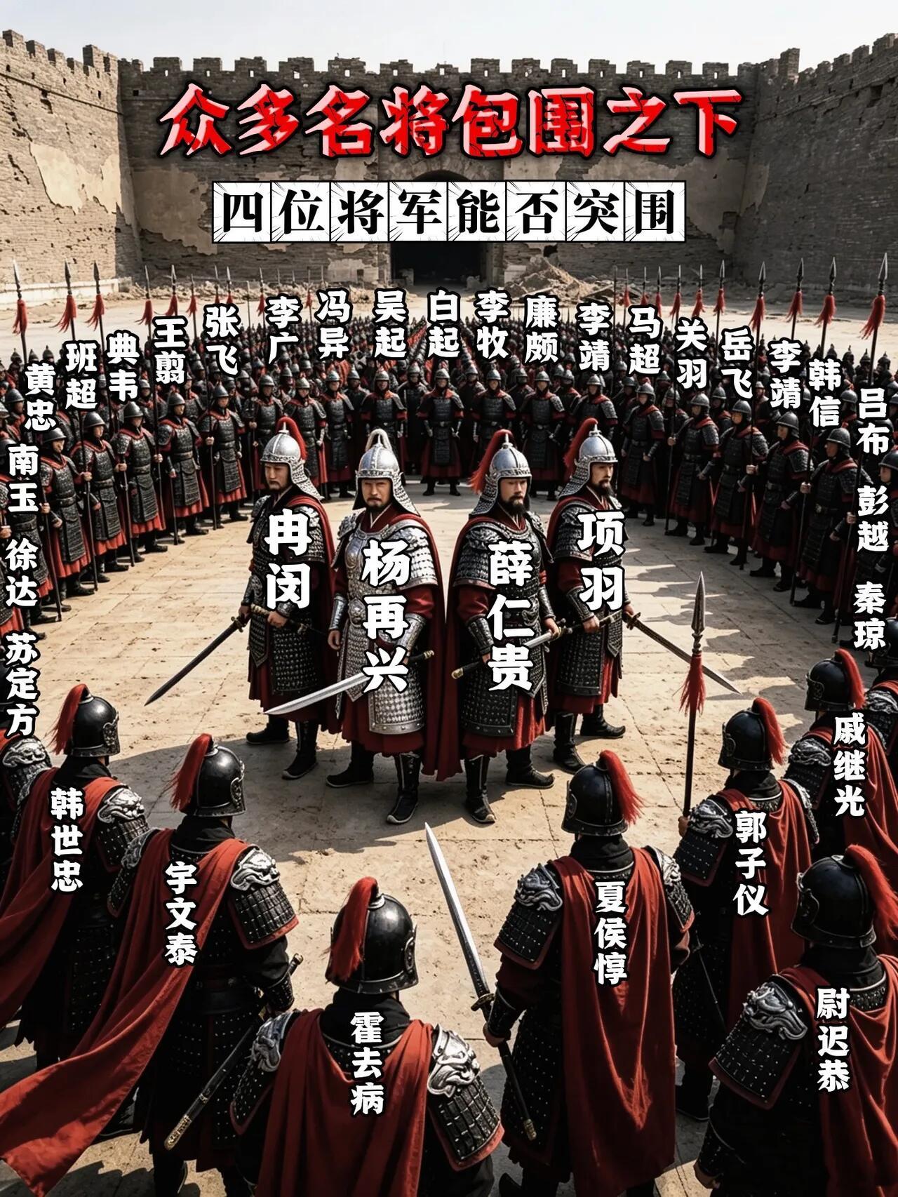 以你对历史武将的了解，你觉得中间这四位将军在众多名将包围之下能否成功突围？