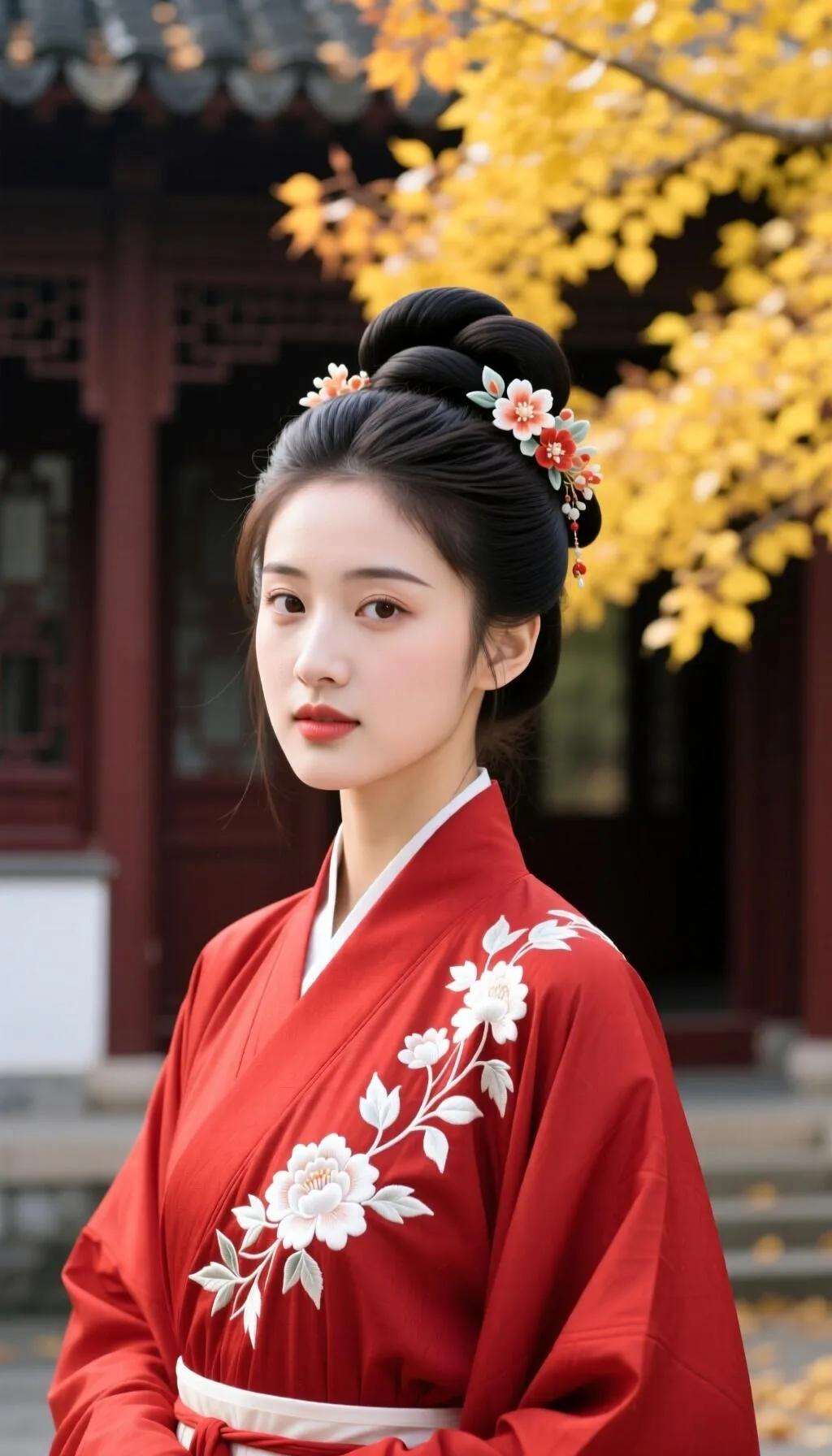 秋日古风少女，红衣华裳，花簪点缀，古典韵味十足。