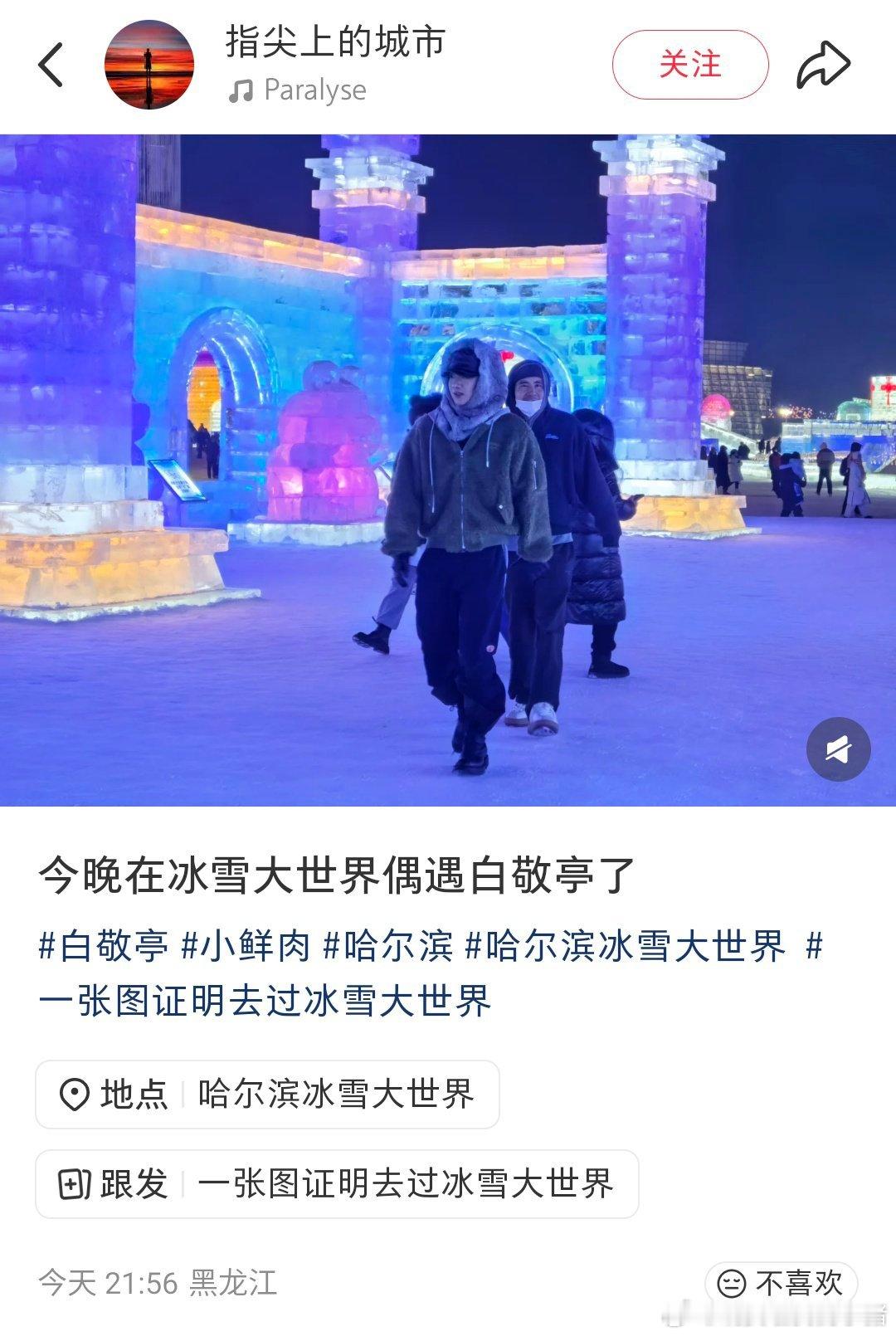 网友在冰雪大世界偶遇白敬亭，热乎的像素小人