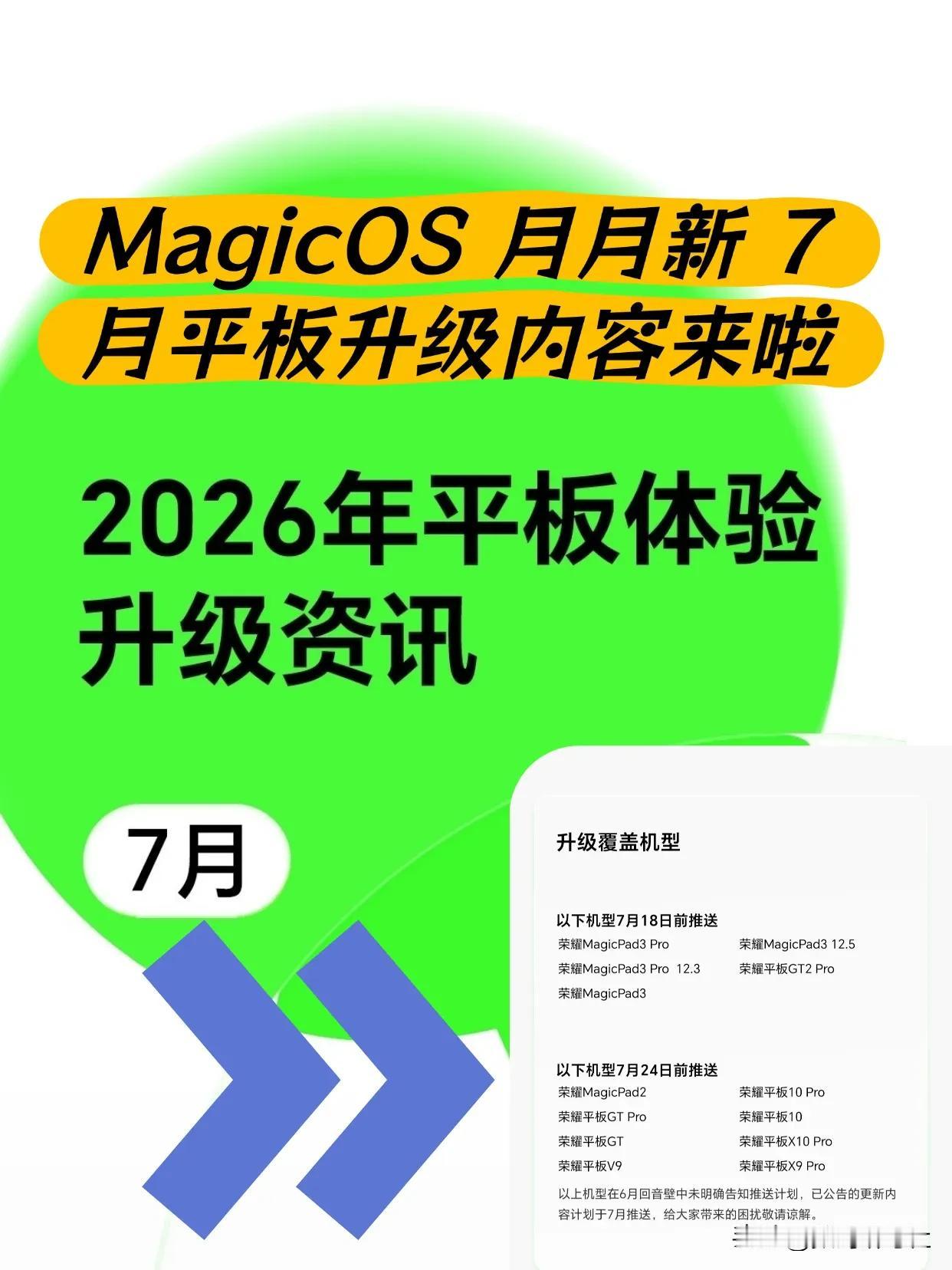 大家期待的MagicOS月月新7月平板升级来啦~
	
支持一镜到底转场效果，支持