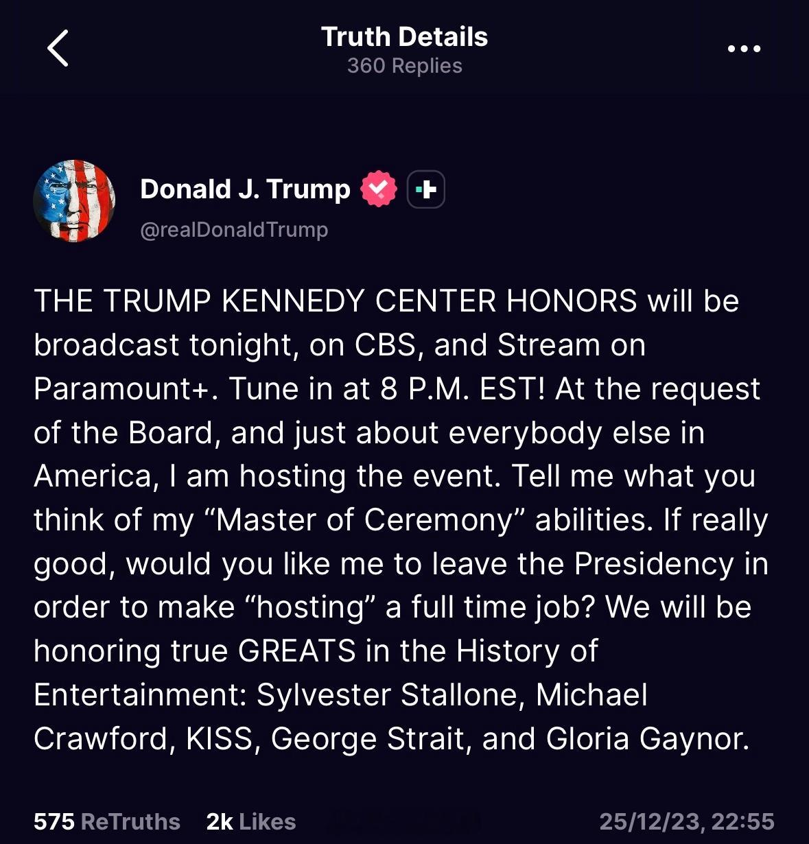 特朗普表示，他亲自主持了“特朗普肯尼迪中心荣誉奖”的颁奖晚会，并期待大家打分“特