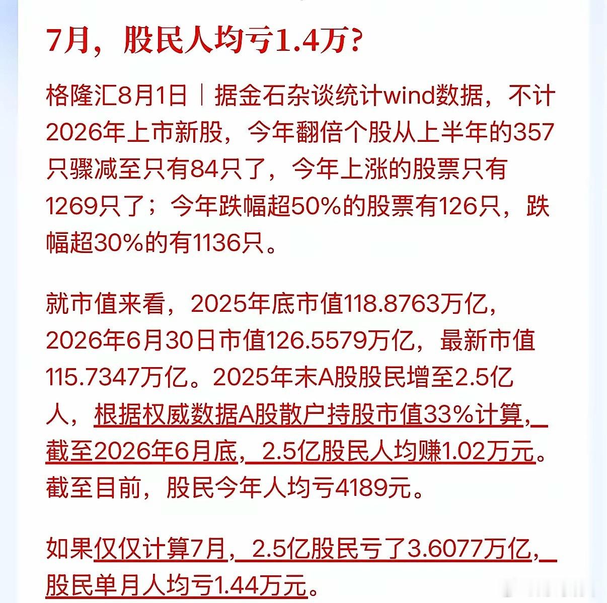 看看今年股市统计：一、不考虑7月份，今年上半年翻倍个股357只，考虑7月份，只有