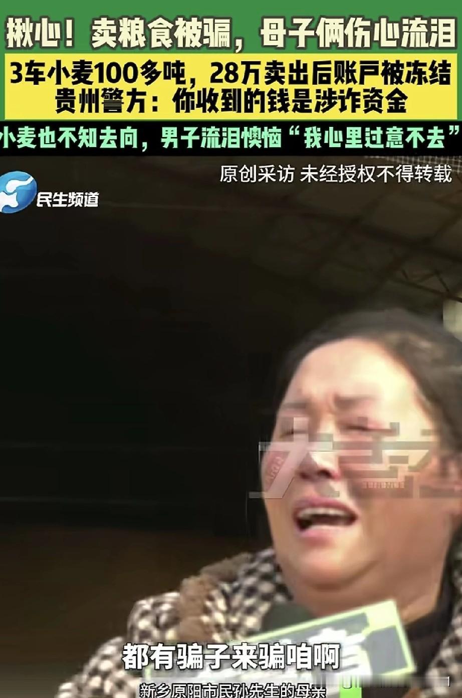 河南新乡一对母子卖粮时遭遇骗局，三车总计100多吨的小麦售出后，他们账户里的28