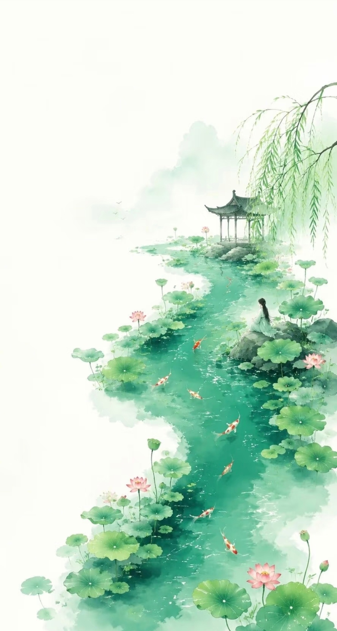 “  幽人独坐青石上，静看游鱼逐翠荷 …  ” 