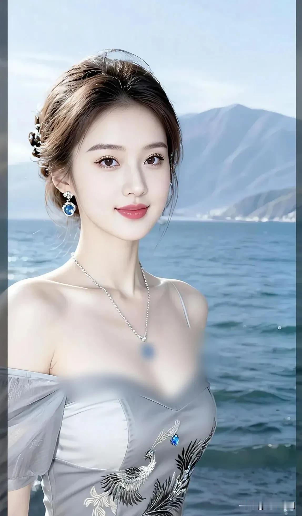 海风吹拂着银灰裙裾，眉眼间盛着山海的温柔，蓝钻似揉碎的海面星光。
温柔感美女 温