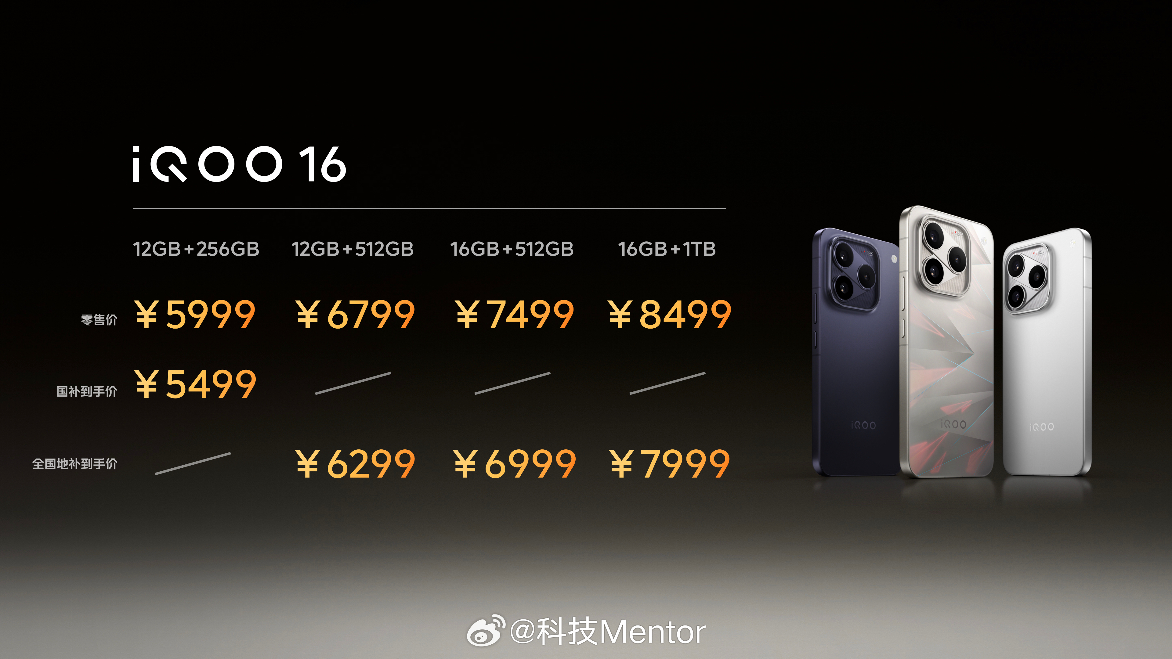 iQOO 16 价格出来了：12GB+256GB：5999元，国补到手5499元