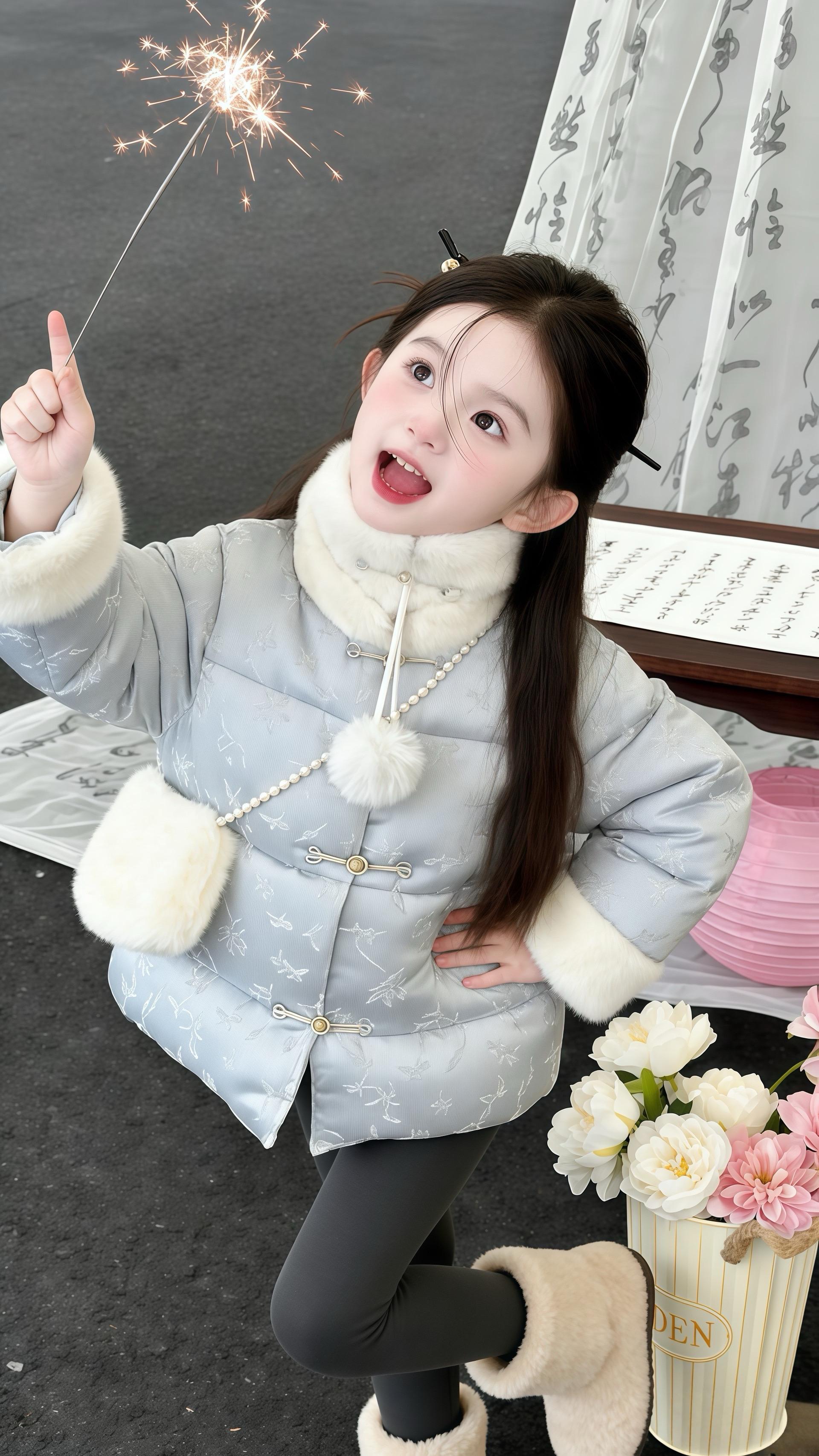 谁能拒绝这款新中式女童外套，雾霾蓝提花高级感十足，软糯毛领裹住小脸蛋超...