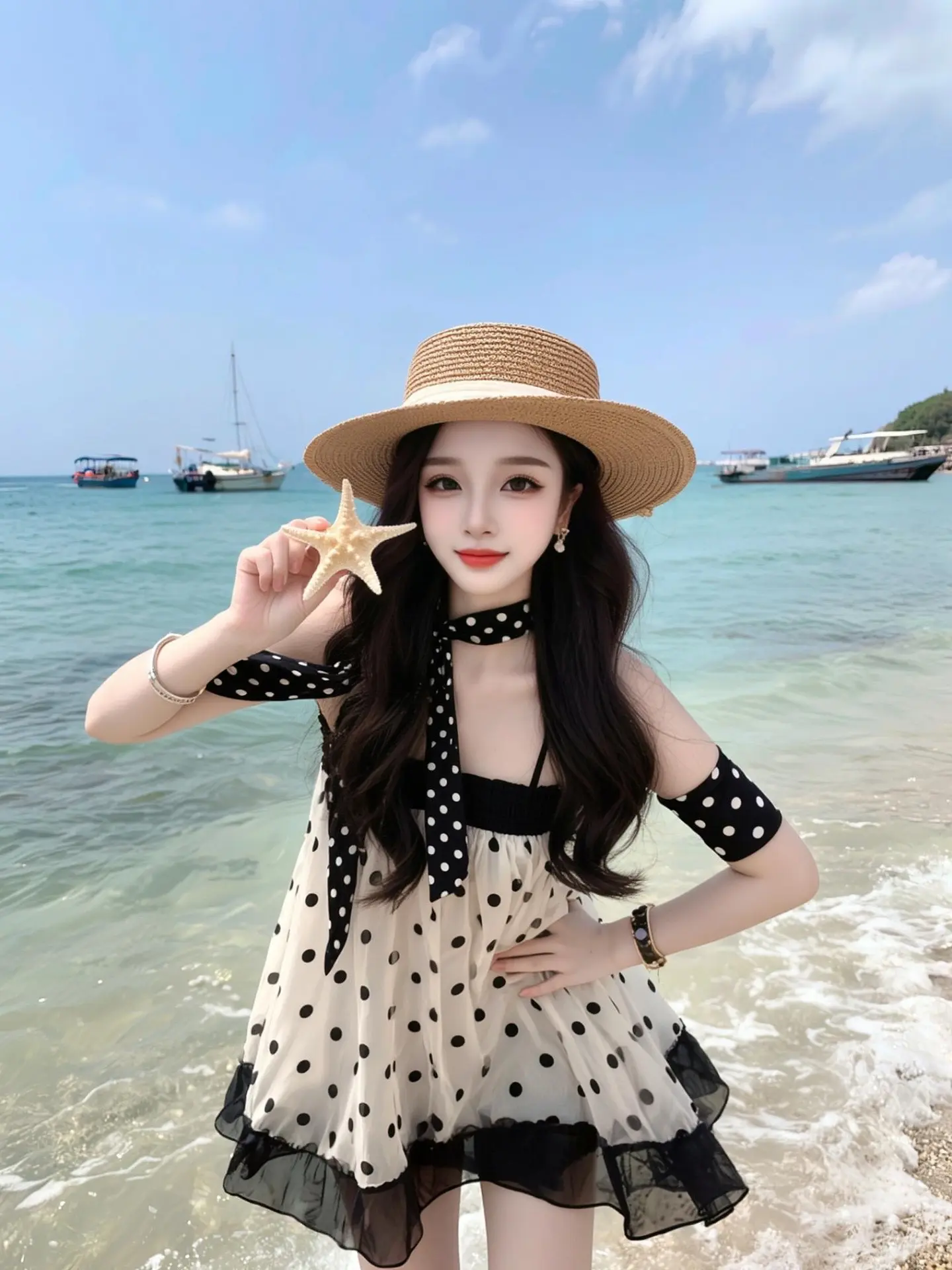 海边拍照姿势 沙滩白色连衣裙 海边黑色吊带裙 海边拍照氛围感 海滩白色连衣裙