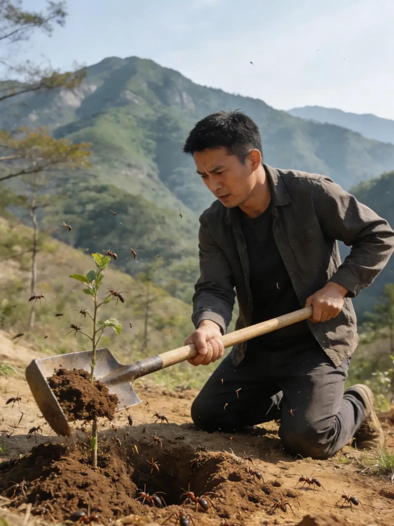 男子上山栽树，一铲子下去捅了蚂蚁窝

周末闲着没事，男子扛着铁锹上山栽树，想着为