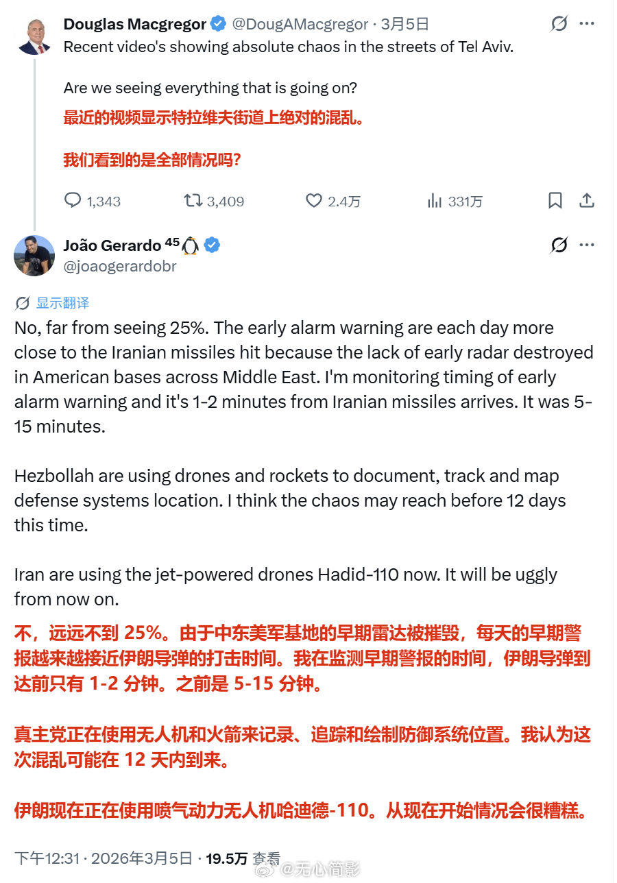 网上有巴西的军事爱好者讨论以色列特拉维夫街头混乱，声称公众仅看到25%的真实情况