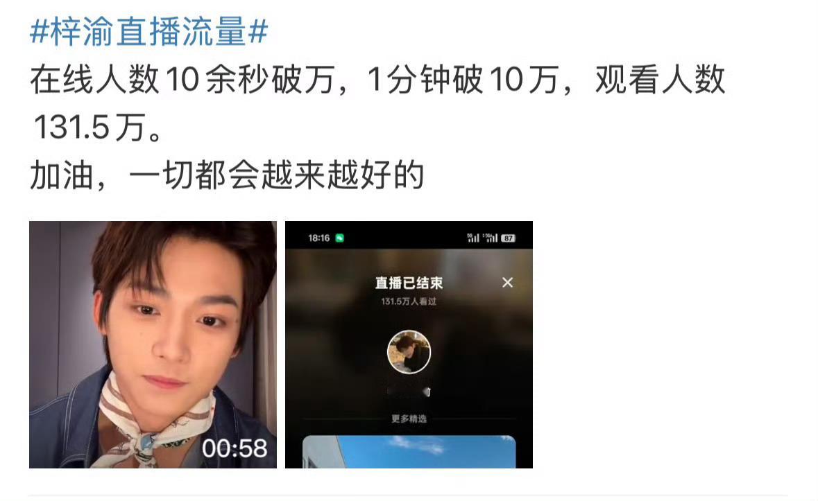 梓渝直播在线人数10余秒破万，1分钟破10万，观看人数131.5万梓渝直播流量 