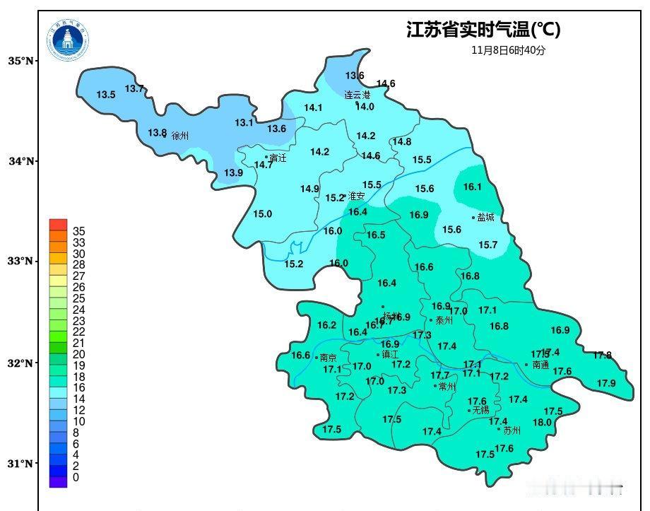 天气实况今晨，淮河以北地区的温度在13℃到15℃，沿淮及以南地区的温度在16℃到