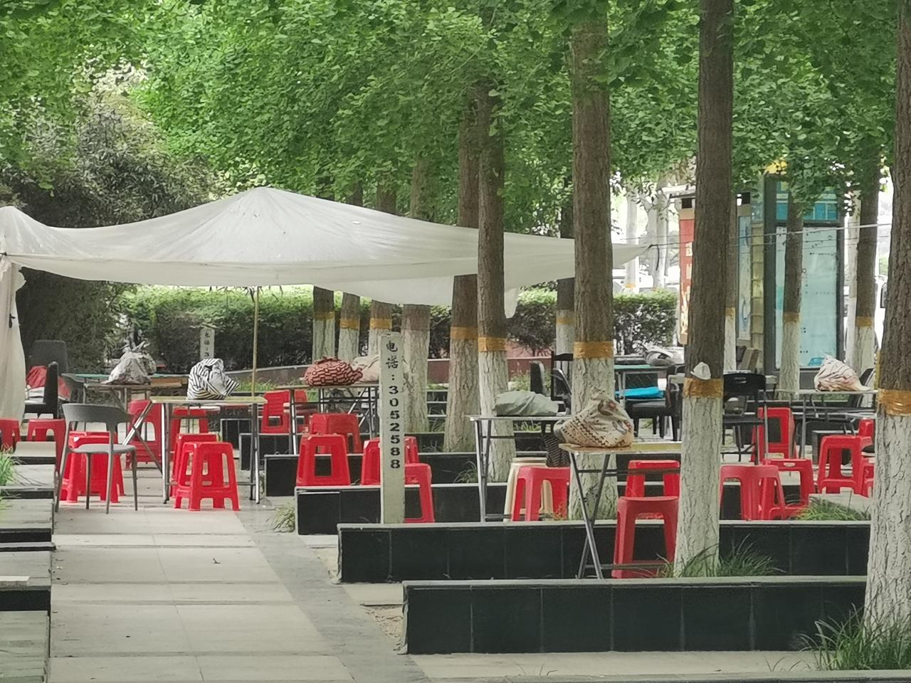 晌午了，路边小树林下打麻将的老先生、老太太们回家吃饭了，只留下简易桌凳无声的寂静