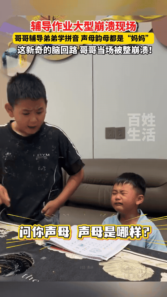 辅导作业大型崩溃现场！哥哥上阵辅导弟弟学拼音。
哥哥认真提问：问你声母，声母是哪
