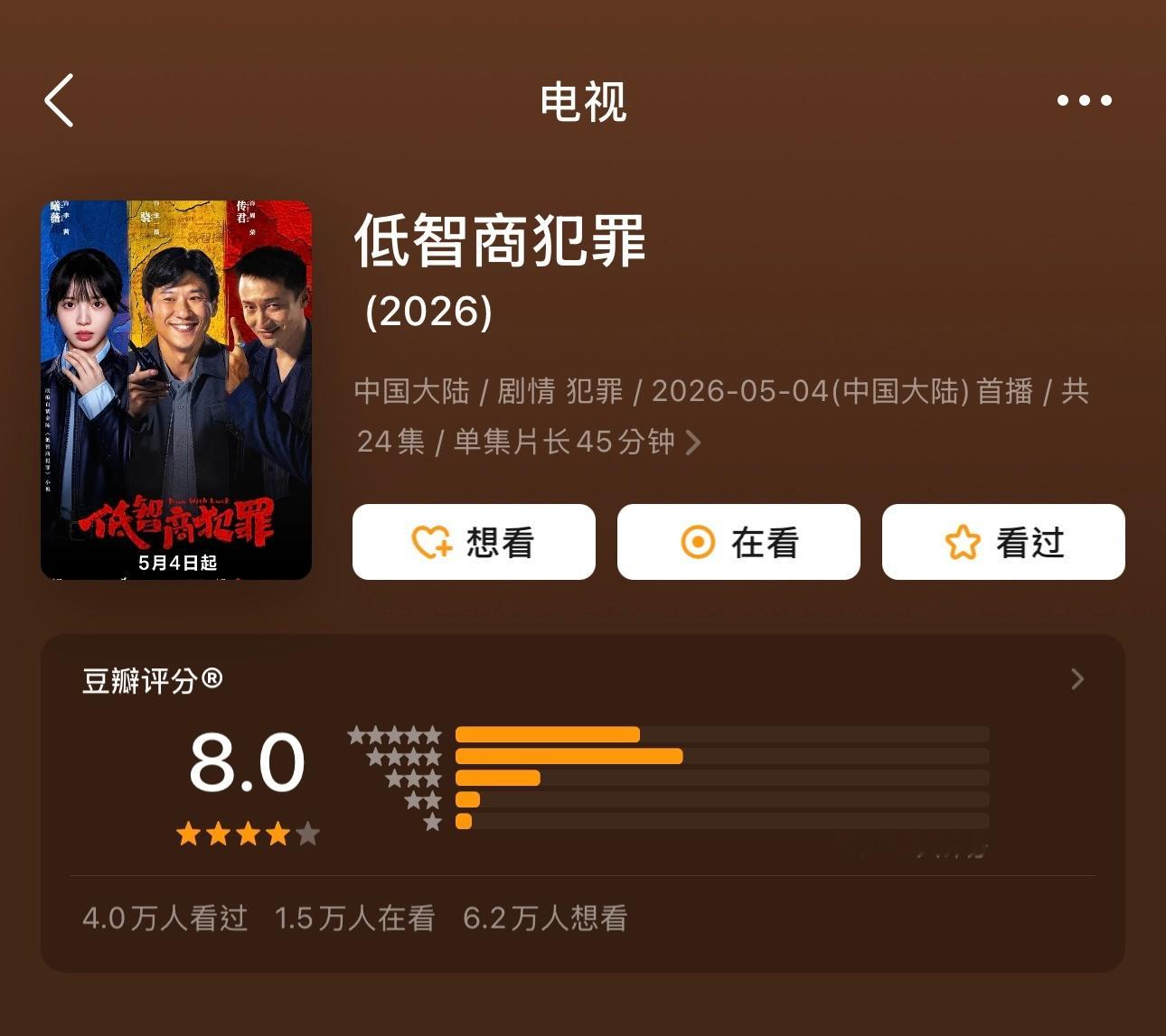 国产剧《低智商犯罪》豆瓣开分8.0～ 