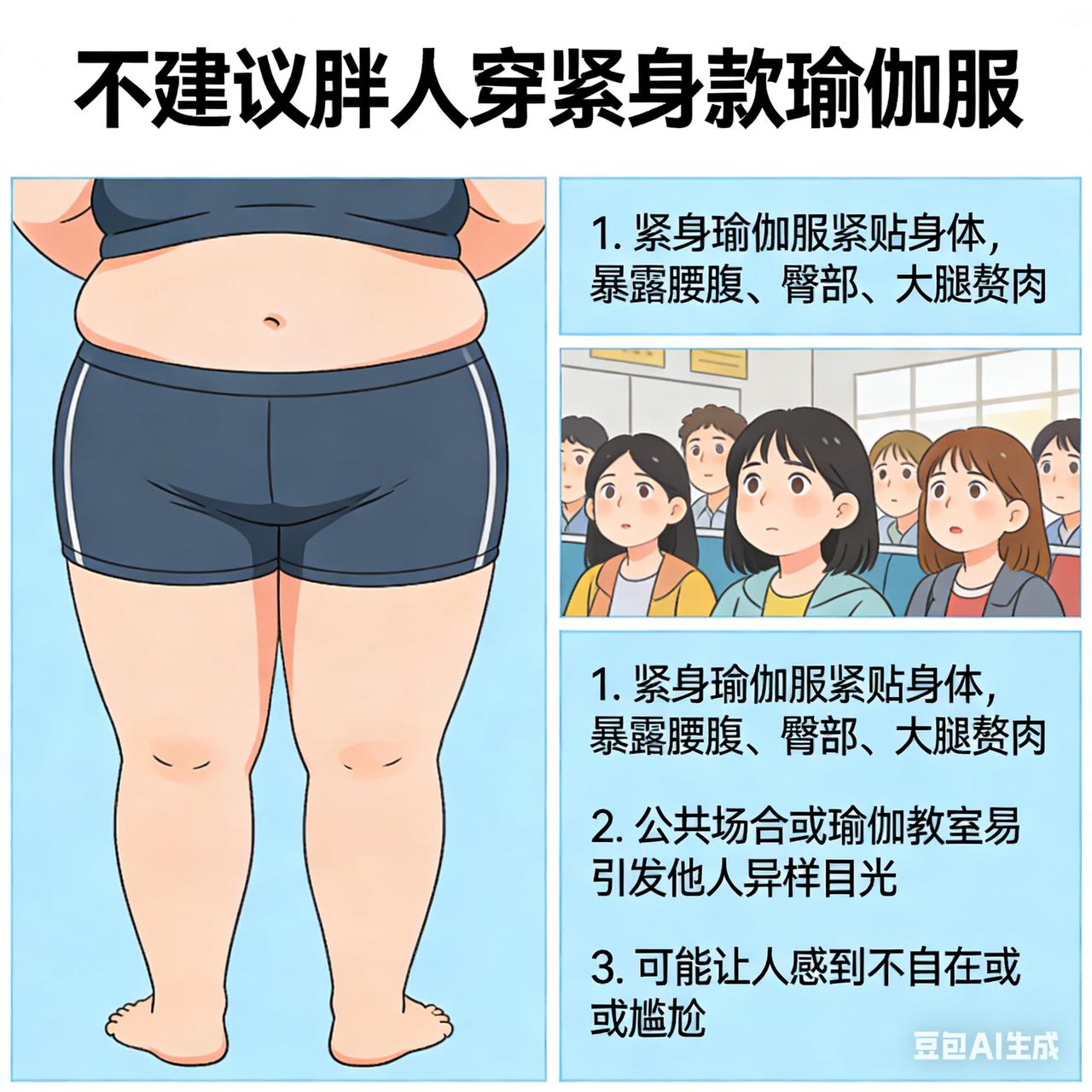 胖人真的别轻易碰瑜伽裤。
胖人穿瑜伽裤，不仅暴露身材缺点，还会让整个人看起来更臃