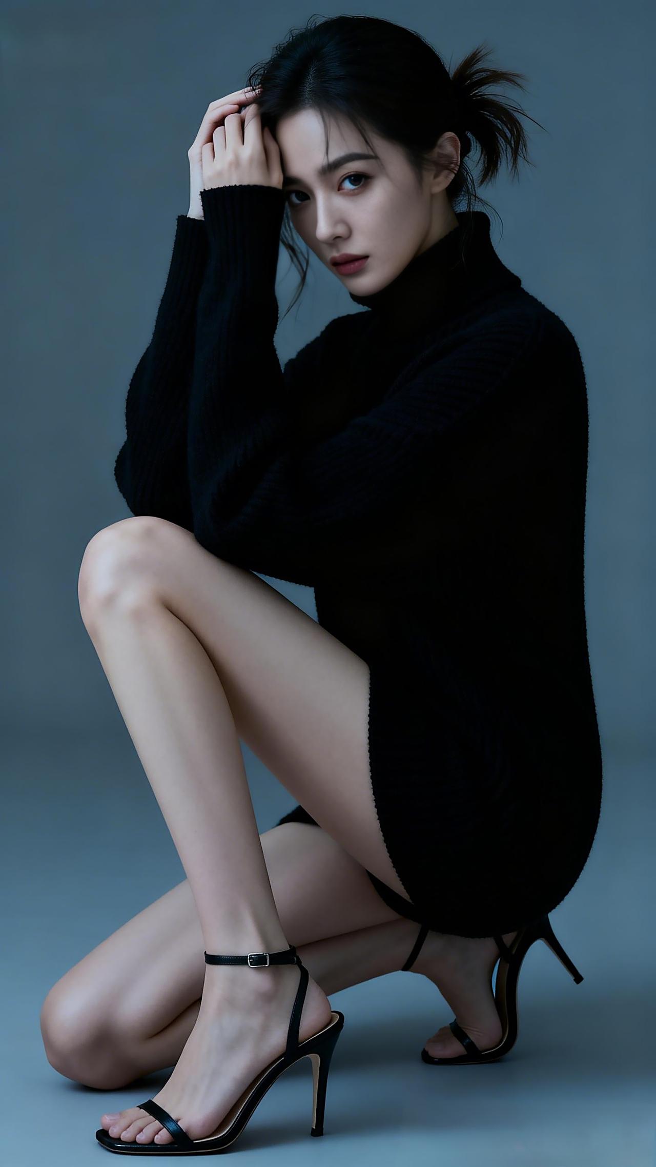 以黑为底，以影为光。高领针织勾勒利落线条，高跟凉鞋衬出纤细姿态，在极简的空间里，
