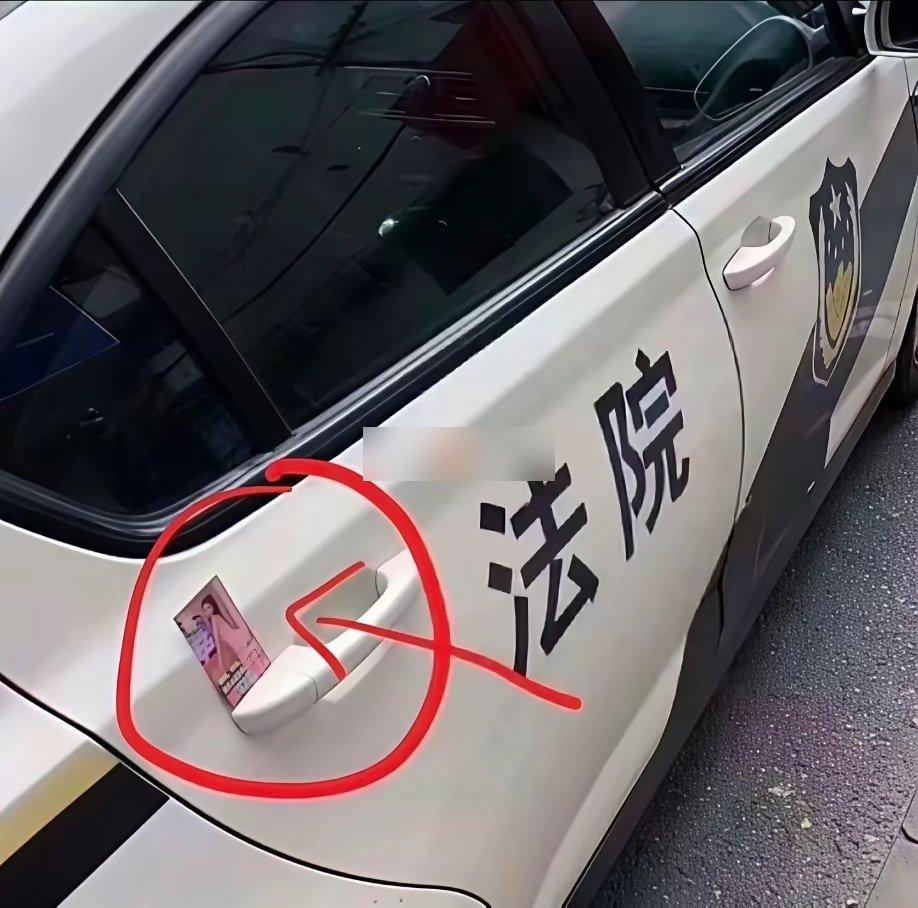 这是真的艺高人胆大了，小卡片往法院的车上放，这简直是赤裸裸的挑衅啊。
太残暴了。