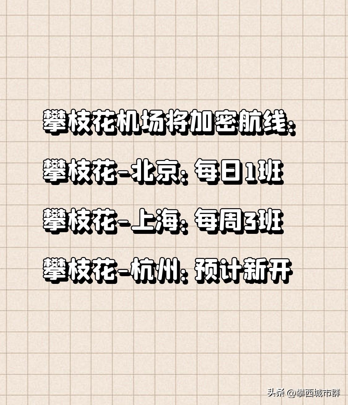 攀枝花机场将加密航线：
攀枝花-北京：每日1班
攀枝花-上海：每周3班
攀枝花-