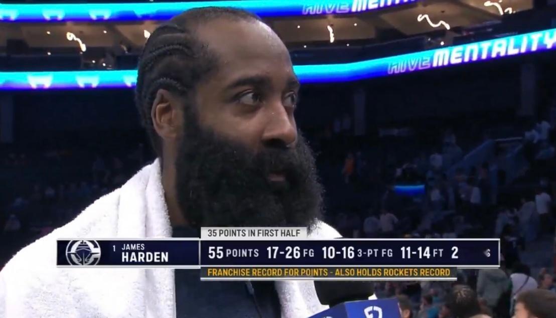 詹姆斯-哈登砍下55分、创下快船队史得分纪录后表示：“篮球就是生命。” 