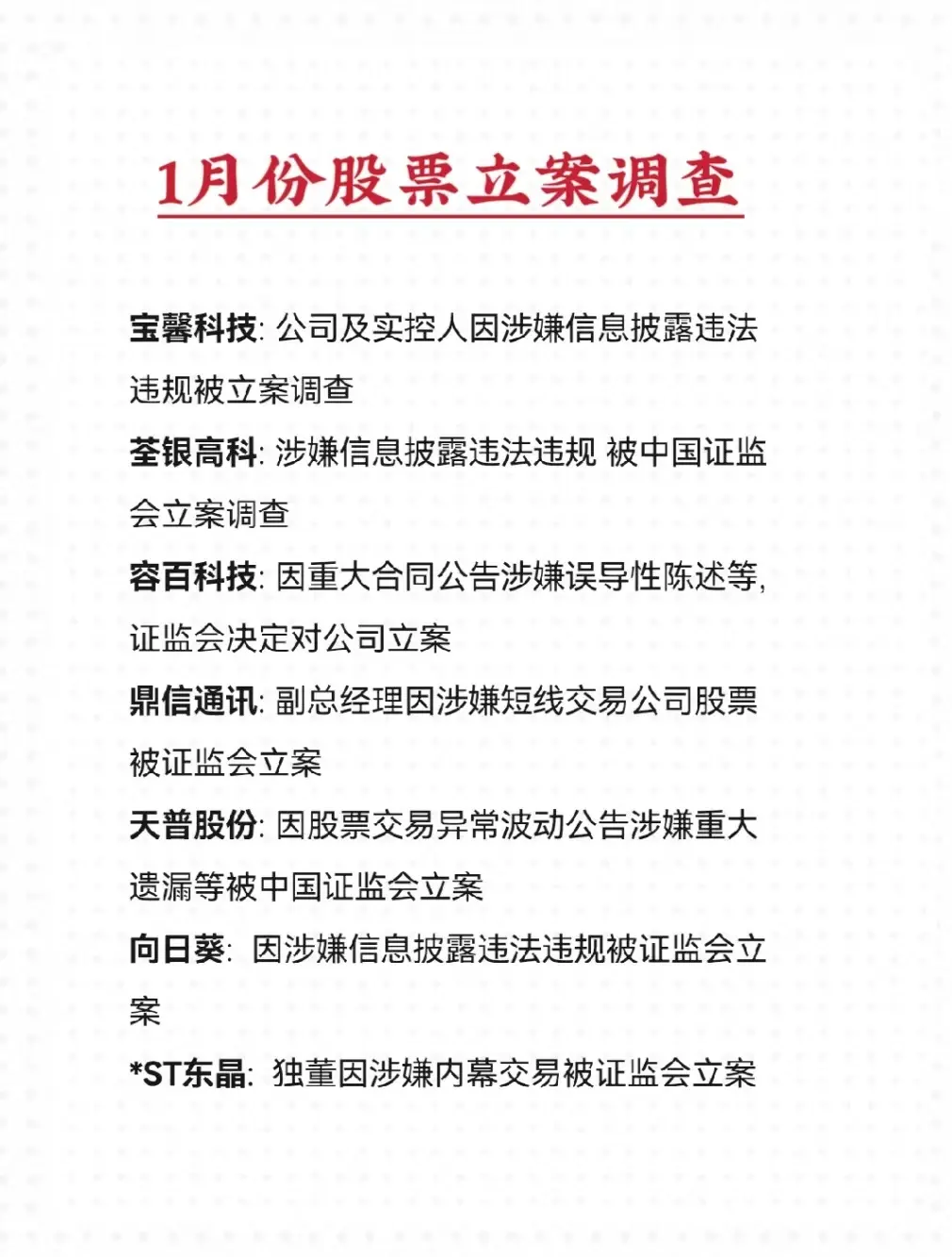 2026年1月份被中国证监会立案调查的股票名单