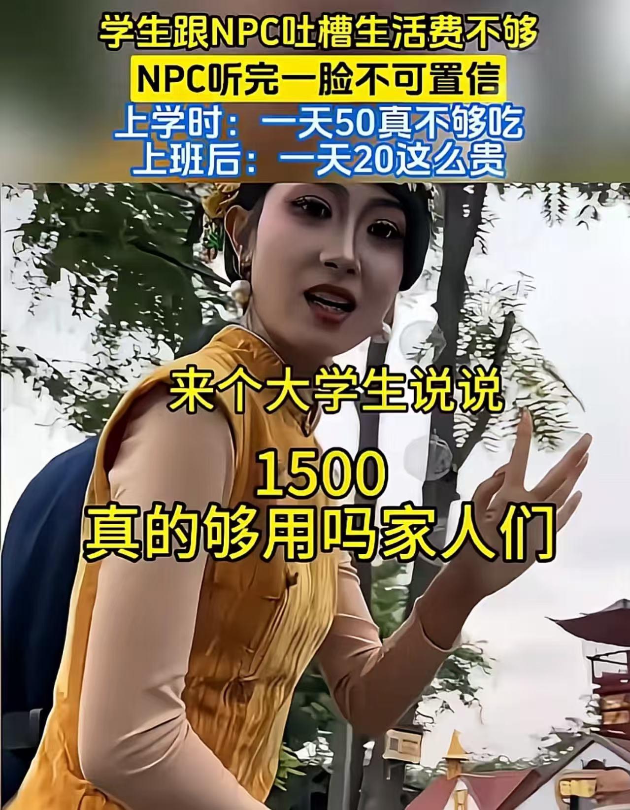 大学生去景区旅游，跟NPC互动吐槽：“我一个月1500生活费不够用！”NPC听完