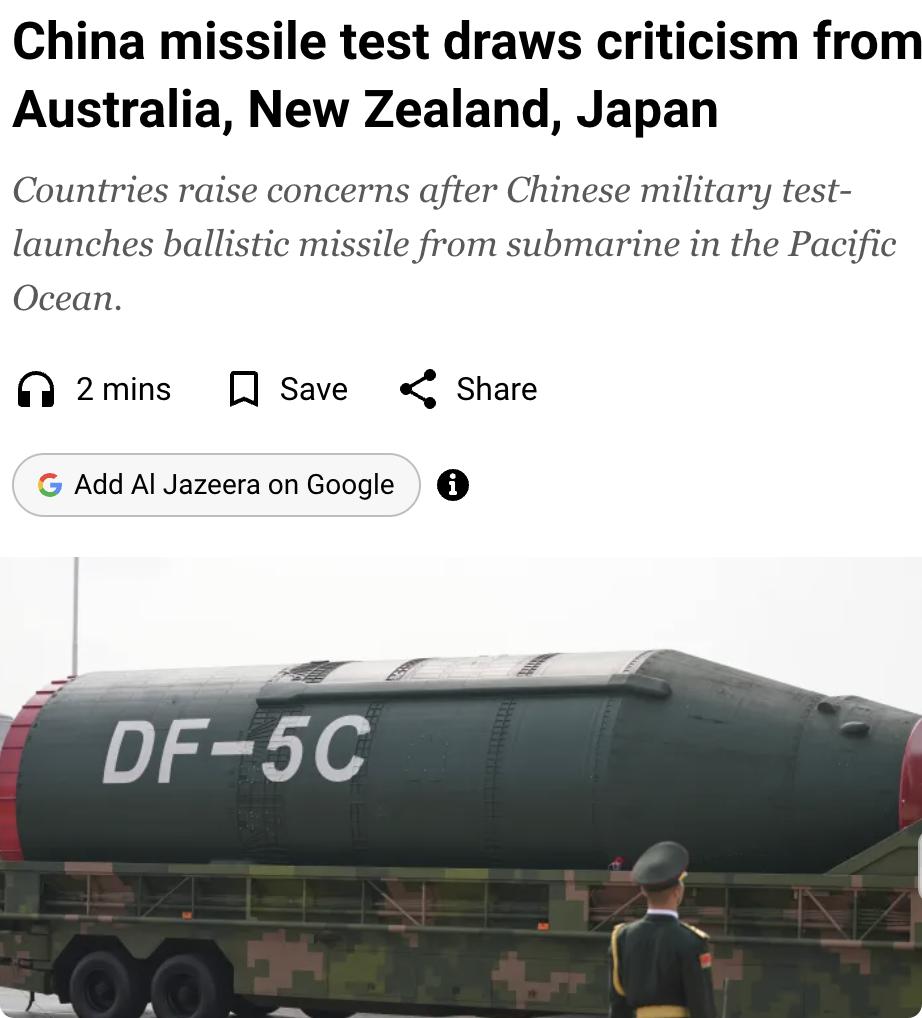 外媒：中国于7月6日中午12时01分（格林尼治时间04时01分）从南太平洋一艘核